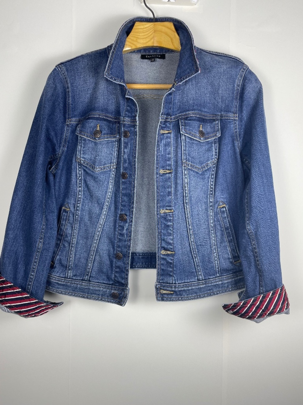 Talbots Classic Blue Denim Jean Jacket Striped Cuffs XL